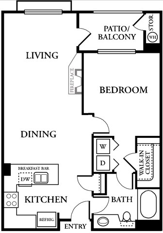 Floor plan for 1 bed, 1 bath, 868 sqft